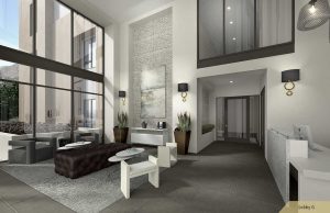 The Terraces lobby sets the tone for these dramatic new luxury homes in Old Town Pasadena.