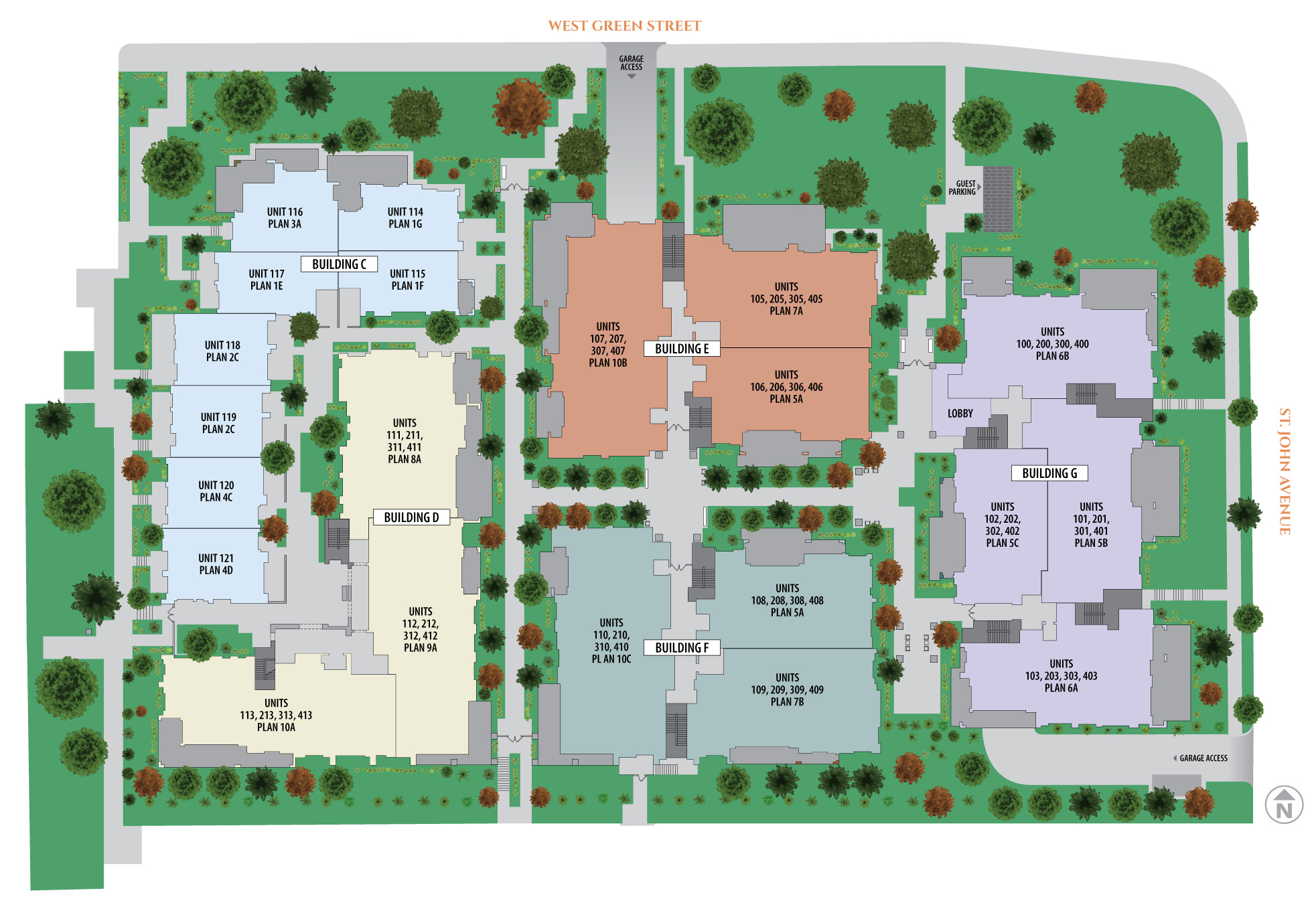 Terraces Ambassador Gardens Site Plan for Condos, Townhomes, and Penthouses located in Pasadena